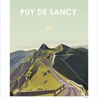 "Puy de Sancy, Frankreich, Auvergne." Eine stilisierte Landschaftsillustration mit Bergen und einem hölzernen Pfad.