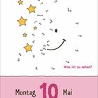 Text: "Montag 10 Mai", "Was ist zu sehen?". 
Illustration: Zahlenverbundene Punkte formen ein Gesicht mit Sternen.