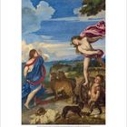 Kalenderseite Juni. Eine mythologische Szene mit antiker Landschaft. Ein Mann und ein halbnackter Gott stehen zwischen Tieren.