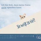 Kalenderseite mit Katze: "Ich bin froh, dass meine Katze nicht sprechen kann. Sie weiß zu viel!" Monatsübersicht unten.