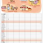 "Dinge, die man mit Erdbeeren tun kann": Pflücken, Einfrieren, Backen. Illustration mit niedlichen Figuren. Juni-Kalenderblatt.