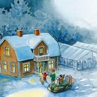 Ein schneebedecktes Haus mit warm beleuchteten Fenstern, umgeben von Bäumen. Menschen stehen davor, ein Luftkissenfahrzeug nahebei.