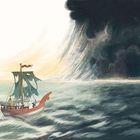 Illustration: Ein kleines Schiff mit zerrissenen Segeln segelt auf stürmischer See, dunkle Wolken am Horizont.