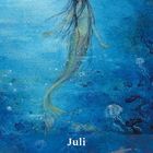 "Juli, Montag bis Sonntag mit entsprechenden Zahlen. Illustration: Eine Meerjungfrau in blauen Unterwassertönen."
