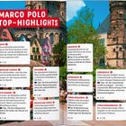 Text: MARCO POLO TOP-HIGHLIGHTS. Dom, Museum Ludwig, Fischmarkt, Kolumba, Rheintreppe, Rheinauhafen, Belgisches Viertel, Ehrenfeld, Innerer Grüngürtel, Straßenkarneval. Bunte Häuser und Kirche im Hintergrund.