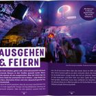 Text: "AUSGEHEN & FEIERN", "Turmstraße", "Alle Adressen in diesem Kapitel findest du auf der Faltkarte". 
Beleuchteter Club, tanzende Menschen.