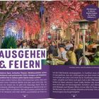 **AUSGEHEN & FEIERN**; Alle Adressen findest du...; Geselliges Treiben unter Kirschblüten am Börsenplatz; Menschen essen draußen.