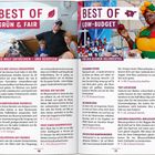 "BEST OF GRÜN & FAIR" links und "BEST OF LOW-BUDGET" rechts. Links: Familie in einem Boot. Rechts: Frau in bunter Kleidung mit Produkten.