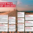 "MARCO POLO TOP-HIGHLIGHTS" in großen roten Buchstaben oben links. Menschen spazieren auf einer Dünenlandschaft bei Sonnenuntergang.