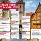 "MARCO POLO TOP-HIGHLIGHTS" steht oben in einem roten Banner. Darunter sind touristische Empfehlungen für Franken aufgelistet, vor einer malerischen Altstadt-Kulisse mit Fachwerkhäusern und einem Turm.