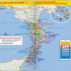 MARCO POLO Top-Highlights, Erlebnistouren, Karte von Kalabrien mit Städten, Küsten und Landstraßen, App-Hinweis.