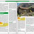 "VALLE DEL GOLFO," "EL HIERRO," "ZIELE IM VALLE DEL GOLFO," "LA FRONTERA," "TIGADAY," "MUSEUMSDORF GUINEA," "Auge in Auge mit Reptilien." Rechte Seite: Bild von einem Steinhaus, umgeben von Bergen und Pflanzen.