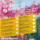 "Die Marco Polo Bucketlist: Das musst du in Taiwan erlebt haben" vor blühenden rosa Bäumen und Gondel im Hintergrund.