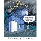 Ein stilisiertes Haus im Regen, Sprechblase: "Unser Haus sagt, es möchte heute alleine sein." Datum: Dienstag, 5. Januar.