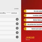 Fragen mit Antworten, Kalender: Januar, Dienstag, 5. Futuristisches Layout mit rotem Hintergrund.