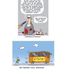 Zwei Illustrationen: 
1. Chirurg in blutbefleckter Kleidung, Interview mit Mikrofon. 
2. Ein Bus mit "Ätsch!" fährt ab, eine Person rennt hinterher.