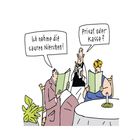 Eine humorvolle Illustration: Ein Gast bestellt "saure Nierchen", der Kellner fragt "Privat oder Kasse?".
