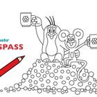 "... noch mehr MALSPASS" steht in großen Buchstaben daneben. Zwei fröhliche Cartoon-Figuren halten Tassen.