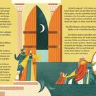 Text über zwei Seiten: Eine Geschichte über Dahud, die versehentlich Schleusentore öffnete, und die chaotischen Folgen. Illustrationen zeigen eine Frau, einen Mann, der ein Tor öffnet, und ein Pferd im Wasser.