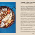 Titel: "ORATA AL POMODORO, PATATE E VERMENTINO". Ein Rezepttext mit Zutaten und Zubereitung. Links zeigt ein Foto zwei gebratene Fische in einer Pfanne mit Kartoffeln und Tomaten.