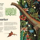 Texte: „Das Leben entwickelte sich nach dem Massenaussterben weiter. Dinosaurier“. Illustration eines Dinosauriers in bunter Pflanzenwelt.