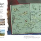 Text: "Der Hundertmorgenwald", "Heimat des Honigs", "Winziger Rückzugsort", "Veränderungen der Landkarte". Eine Karte mit illustrierten Szenen aus dem Hundertmorgenwald.
