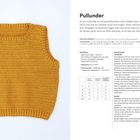 Pullover-Anleitung, Materialliste, Maße und Häkelanweisungen. Links: gelber, gehäkelter Pullunder.