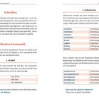 Texte über Dialekte und Grammatikregeln. Tabellen zu Artikeln und Substantiven. Roter und schwarzer Text auf weißem Hintergrund.