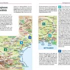 Regio­nen im Überblick: Ar­dèche/Ce­vennen, Nîmes/Rhô­netal, Montpellier/Strände.  
Sechs markierte Gebiete auf der Karte.