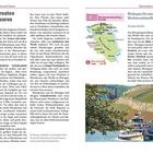 Reiserouten und Touren. Rheingau für einen Wochenendausflug – Standort Eltville. Textseite mit Landkarte und Foto eines Flusses mit Boot.