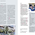 Wilde, schräge Festtermine. Im Text werden spanische Feste im Juli, August und September beschrieben. Rechts oben drei Männer in traditioneller Kleidung. Unten ein Monument mit kämpfenden Stieren in Pamplona.