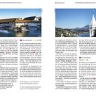 Seite 32: Spreuerbrücke, 81m, Kunsthistorisch, Luzern. Seite 33: Aussichtspunkt Gütsch, Blick auf Berge.
