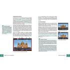 Textbeschreibung auf zwei Seiten einer Anleitung.  
Links: Informationen zu Filmaufnahmequalität.  
Mitte: Bild einer Kathedrale mit Kamerainformationen.  
Rechts: Schnellaufnahmefunktionen mit zwei Beispielen.