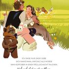 "Ich sage nur, dass Liebe sich manchmal anfühlt, als würde man kopfüber in einen Müllschacht tauchen. Und manchmal ist sie süß wie Blumen." Illustration: Zwei Personen und kleine bärenartige Figuren in einer Wiese mit Blumen.