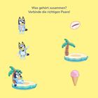 "Was gehört zusammen? Verbinde die richtigen Paare!" zeigt cartoonartige Figuren mit Eis, Muschel und Pool mit Palme.