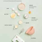 Text zeigt: "DAS PRINZIP: BACKEN OHNE MEHL". Zutaten sind abgebildet: glutenfreie Mehlmischung, Eier, Butter, Milch, Quark.