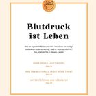 "Blutdruck ist Leben" steht groß. Kapitelüberschriften: "Ohne Druck läuft nichts", "Was den Blutdruck in die Höhe treibt", "Unterstützung aus der Natur". Oben, Logo mit einem Mörser.