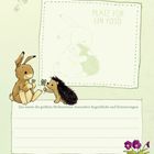 Logo mit Text: "Platz für ein Foto". Illustration von Hase und Igel, die sich Blumen reichen. Liniert für Notizen.