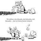 Zwei Figuren lassen Stein in Loch fallen, warten auf Aufprall. Verschiedene Steine schauen zu, einer auf Fahrrad, einer mit Ballon.