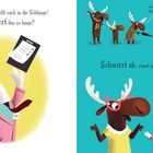 Na los! Warteschlangeleitung mit rufendem Gans-Mitarbeiter, Elch-Warteschlange, Hinweisschild: "Gänse hier anstellen".