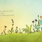 „Ihre Freundschaft war warm wie Kakao“, Illustration mit Maus, Schmetterling, Vogel auf Schild, Blumenwiese.