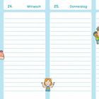 Kalenderwoche mit Tagen: Montag 22., Dienstag 23., Mittwoch 24., Donnerstag 25., Freitag 26. Illustration: Wolken, Mütze, Kind mit Blumen.