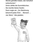 Ein Kind hält eine Tüte Gummibärchen. Es trägt ein Shirt mit der Nummer 83 und wirkt freudig. Text über Belohnung.