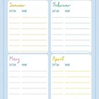 Geburtstagskalender: Januar, Februar, März, April. Spalten für Datum und Name, Linien zum Ausfüllen.