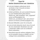 Tipps für Mathe-Detektivinnen und -Detektive. Lest Aufgaben 2-mal, achtet auf Hinweise, benutzt Hilfsmittel, überprüft Antworten.