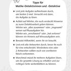 Tipps für Mathe-Detektivinnen und -Detektive. Hintergrundmuster mit Zahlen, links oben zwei illustrierte Fische.