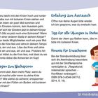 Texte bieten Atemübungen und Reflexionen über Körperhaltung. Illustration eines lächelnden Kindes.