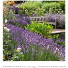 Juni-Kalenderblatt mit Lavendelbeet und Bank am Teich. Text: "Juni 06", Wochentage und Monatsübersicht darunter.