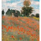 Juni, 06. Kalenderblatt. Zwei Personen in einem Mohnblumenfeld, blauer Himmel mit Wolken, Bäume im Hintergrund, impressionistischer Stil.