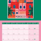 Text: "MOROCCO", "06 2027". Illustration von bunten Gebäuden und Palmen. Darunter ein Kalender für Juni 2027.